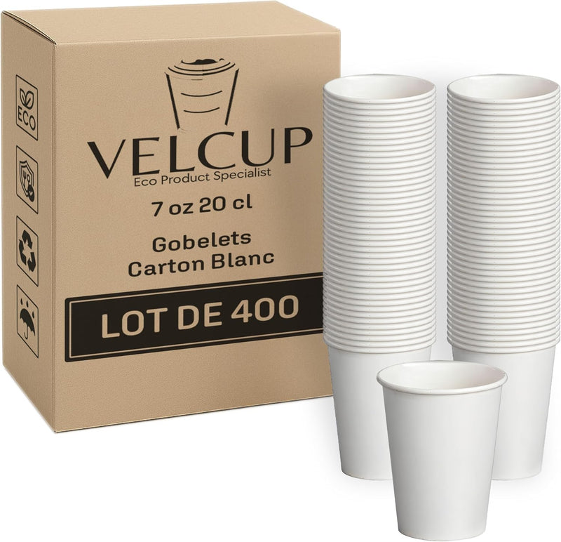 VELCUP Gobelets Carton Blanc 200 ml  Qualité Professionnelle